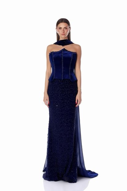Dunkelblaues Satin Bustier Top Pailletten Meerjungfrau Abend Set